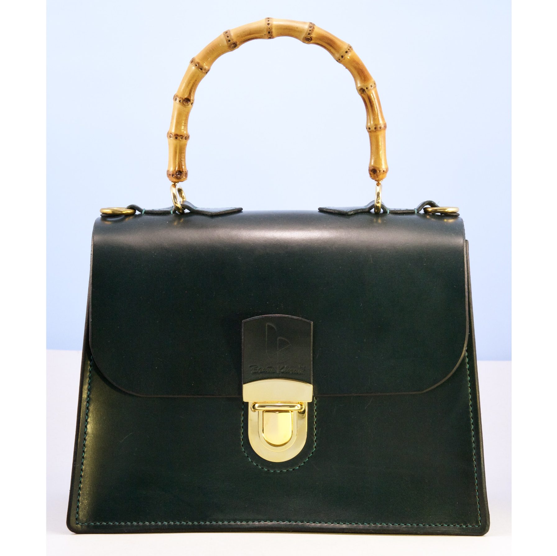 leather handbag with bamboo handle front view