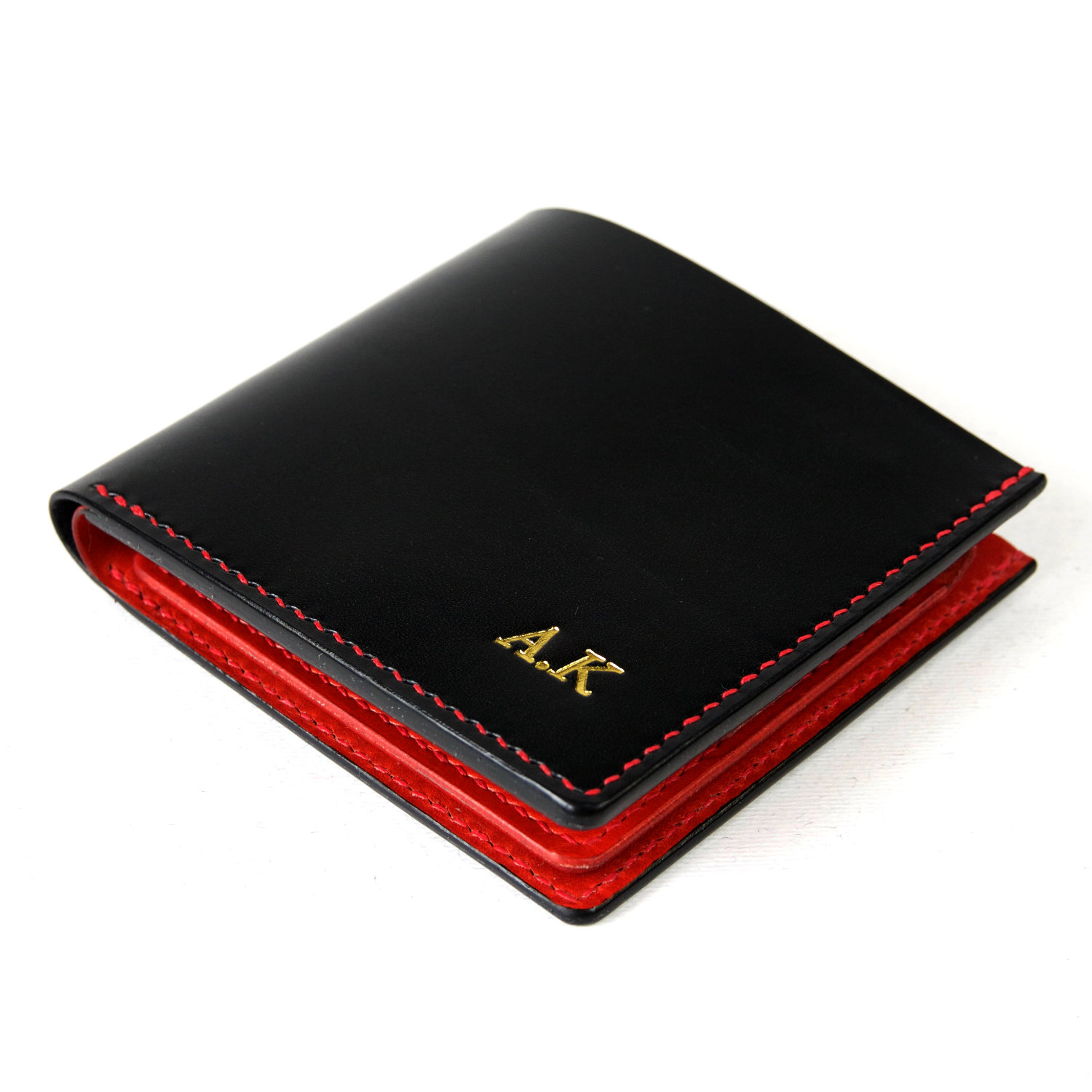 black leather bifold wallet with initials