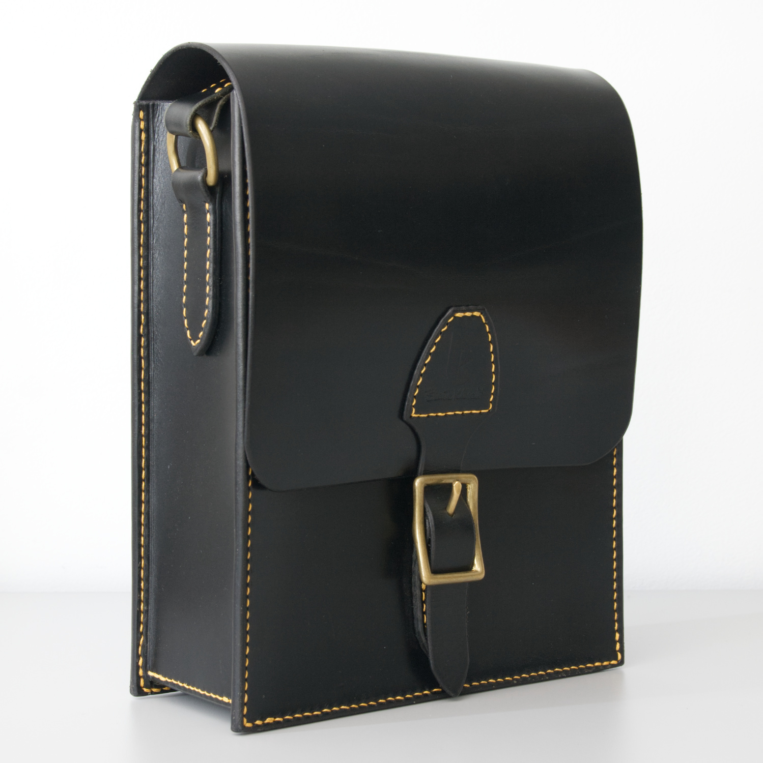 black leather messenger bag side view